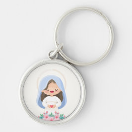 Bevallige Kawaii Maagd Maria met Hart – Wit Sleutelhanger