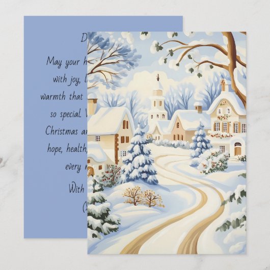 Bevallige Kerstkaart van een Besneeuwd Dorp (Voorkant / Achterkant)