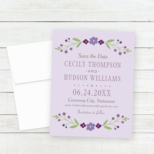 Bevallige lavendel bloemenslingers bruiloft save the date