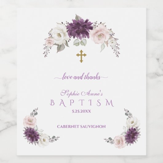 Bevallige Lavendel Roze Witte Bloem Doop Wijn Etiket (Enkel label)