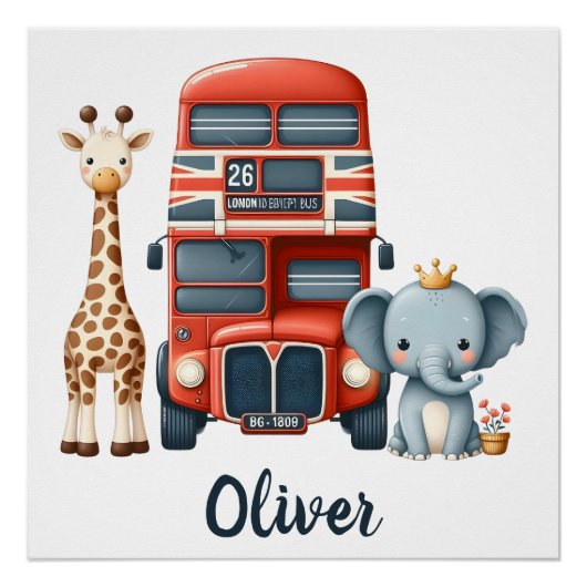 Bevallige Londense bus met giraffe & olifant Perfect Poster (Voorkant)