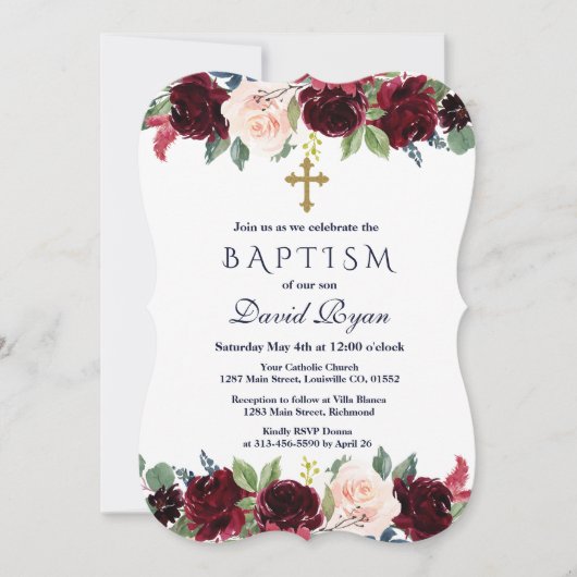 Bevallige Merlot Navy Blauwe Bloemen Doop Kaart (Voorkant)