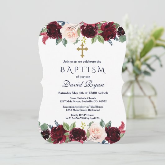 Bevallige Merlot Navy Blauwe Bloemen Doop Kaart (Staand voorkant)