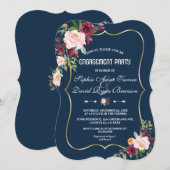 Bevallige Merlot Navy Blauwe Bloemige Verlovingsfe Kaart (Voorkant / Achterkant)