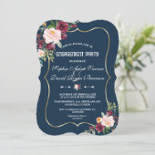 Bevallige Merlot Navy Blauwe Bloemige Verlovingsfe Kaart (Staand voorkant)