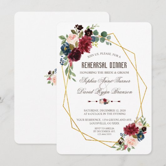 Bevallige Merlot Navyblauwe Bloemige Oefenavondmaa Kaart (Voorkant / Achterkant)