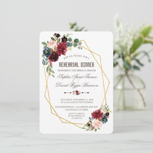 Bevallige Merlot Navyblauwe Bloemige Oefenavondmaa Kaart (Staand voorkant)