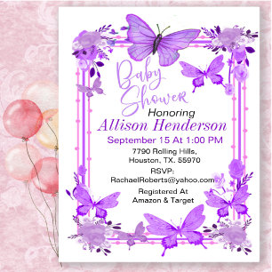 Bevallige Paarse En Lavendel Vlinder Baby Shower Kaart