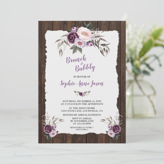 Bevallige paarse roze bloem houten schuur bruidsdo kaart (Staand voorkant)