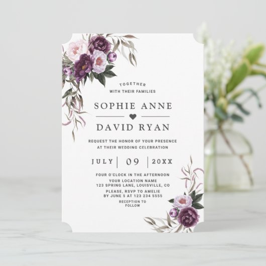 Bevallige Paarse Roze Pioen Bloemen Bruiloft  Kaart (Staand voorkant)