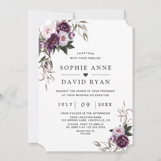 Bevallige Paarse Roze Pioen Bloemen Bruiloft Kaart (Voorkant)