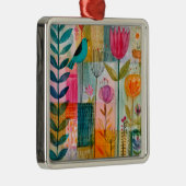 Bevallige Patchwork Blauwe Vogelweide Metalen Ornament (Rechts)