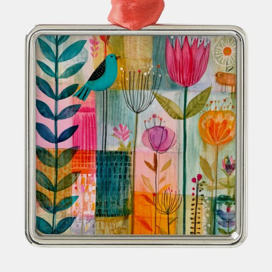 Bevallige Patchwork Blauwe Vogelweide Metalen Ornament (Voorkant)