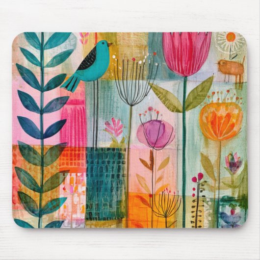 Bevallige Patchwork Blauwe Vogelweide Muismat (Voorkant)