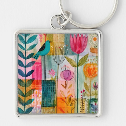 Bevallige Patchwork Blauwe Vogelweide Sleutelhanger (Voorkant)