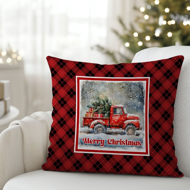 Bevallige rode vrachtwagen winters decor rustieke  kussen (Charming red truck winter scene rustic holiday Throw Pillow )