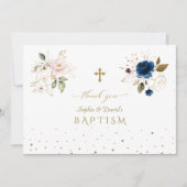 Bevallige Roze Blau Gouden Bloemen Tweeling Doop Bedankkaart (Voorkant)