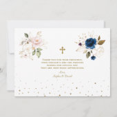 Bevallige Roze Blau Gouden Bloemen Tweeling Doop Bedankkaart (Achterkant)