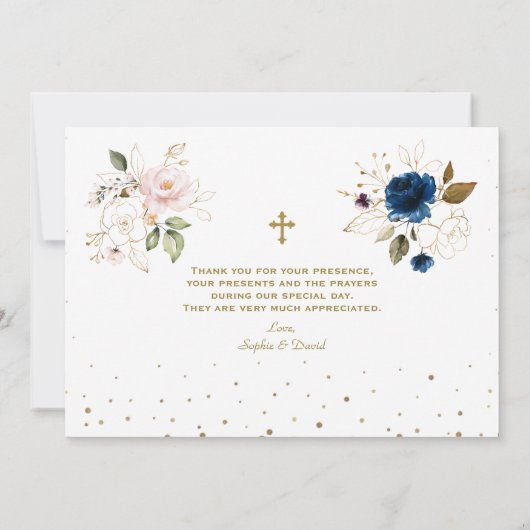 Bevallige Roze Blau Gouden Bloemen Tweeling Doop Bedankkaart (Achterkant)