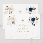 Bevallige Roze Blau Gouden Bloemen Tweeling Doop Bedankkaart (Voorkant / Achterkant)