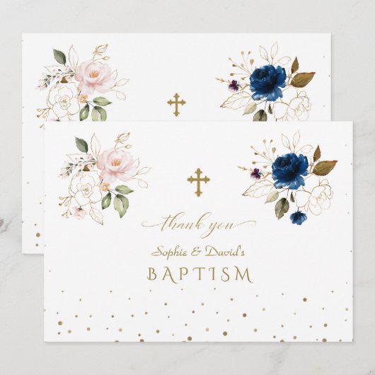Bevallige Roze Blau Gouden Bloemen Tweeling Doop Bedankkaart (Voorkant / Achterkant)