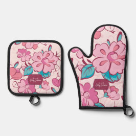 Bevallige Roze Bloem Keuken Aangepaste Naam Ovenwant & Pannenlap Set