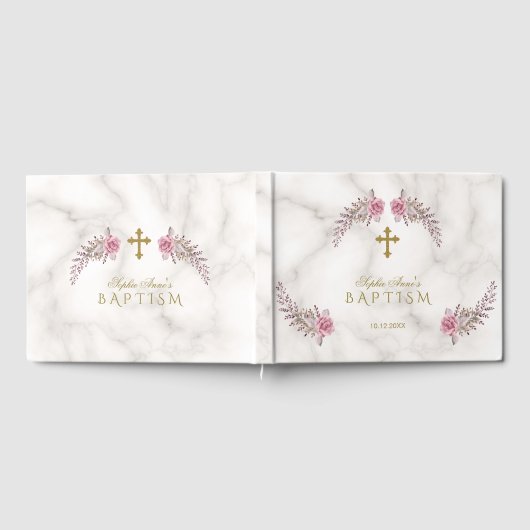 Bevallige Roze Bloem Marmer Meisje Doop Gastenboek (Volledig)