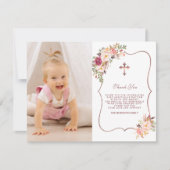Bevallige Roze Bloemen Gouden Foto Meisje Doop Bedankkaart (Voorkant)