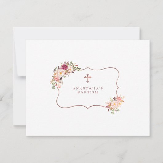 Bevallige Roze Bloemen Gouden Foto Meisje Doop Bedankkaart (Achterkant)