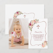 Bevallige Roze Bloemen Gouden Foto Meisje Doop Bedankkaart (Voorkant / Achterkant)