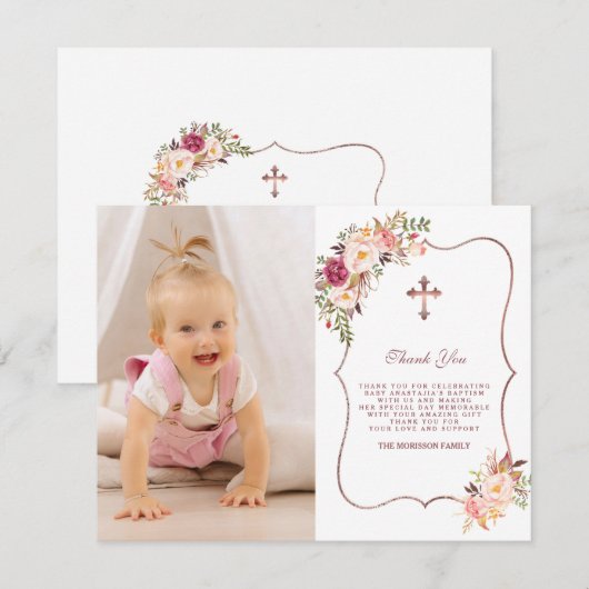 Bevallige Roze Bloemen Gouden Foto Meisje Doop Bedankkaart (Voorkant / Achterkant)