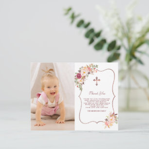 Bevallige Roze Bloemen Gouden Foto Meisje Doop Bedankkaart