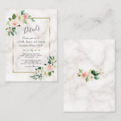 Bevallige Roze Bloemige Gouden Marmeren Trouwdetai Informatiekaartje (Voorkant / Achterkant)