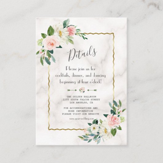 Bevallige Roze Bloemige Gouden Marmeren Trouwdetai Informatiekaartje (Voorkant)