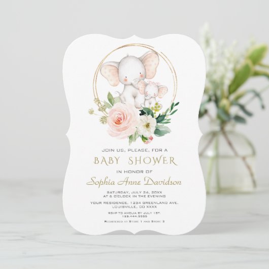 Bevallige Roze Bloemige Olifant Baby Shower Kaart (Staand voorkant)