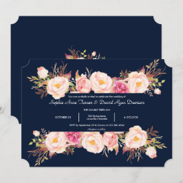 Bevallige Roze Bloemrijke Frame Navyblauwe Trouw Kaart