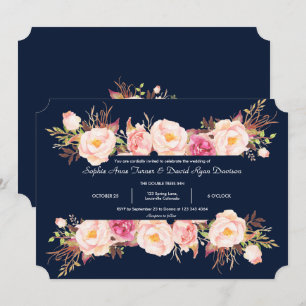 Bevallige Roze Bloemrijke Frame Navyblauwe Trouw Kaart