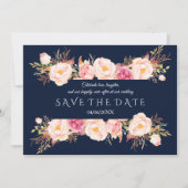 Bevallige Roze Bloemrijke Frame Navyblauwe Trouw Save The Date (Voorkant)