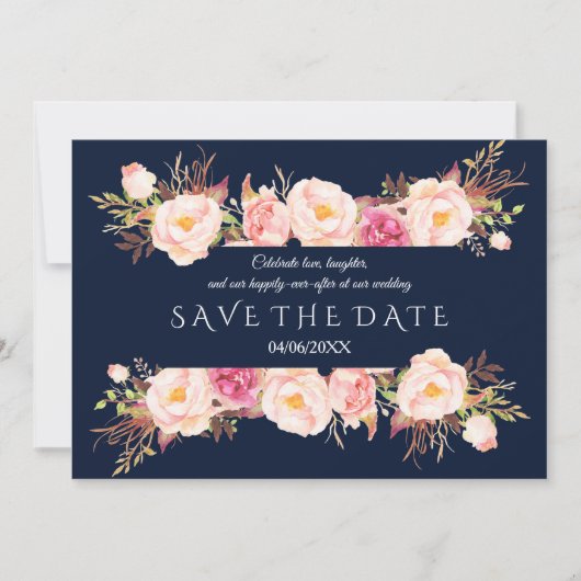 Bevallige Roze Bloemrijke Frame Navyblauwe Trouw Save The Date (Voorkant)