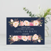 Bevallige Roze Bloemrijke Frame Navyblauwe Trouw Save The Date (Staand voorkant)