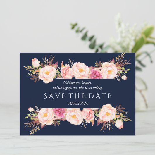 Bevallige Roze Bloemrijke Frame Navyblauwe Trouw Save The Date (Staand voorkant)