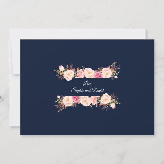 Bevallige Roze Bloemrijke Frame Navyblauwe Trouw Save The Date (Achterkant)