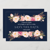 Bevallige Roze Bloemrijke Frame Navyblauwe Trouw Save The Date (Voorkant / Achterkant)