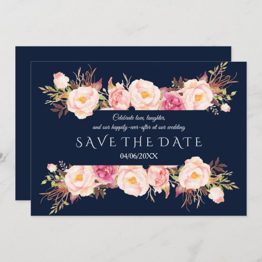 Bevallige Roze Bloemrijke Frame Navyblauwe Trouw Save The Date (Voorkant / Achterkant)
