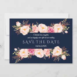 Bevallige Roze Bloemrijke Frame Navyblauwe Trouw Save The Date