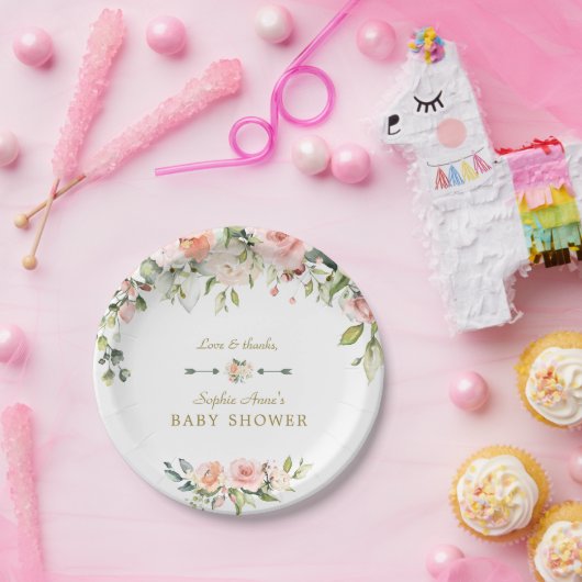 Bevallige Roze Blush Crème Bloemen Baby Shower Papieren Bordje (Feest)
