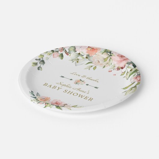 Bevallige Roze Blush Crème Bloemen Baby Shower Papieren Bordje (Gekanteld)