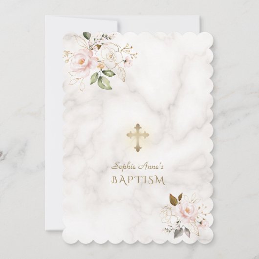 Bevallige Roze Blush Gouden Bloemen Marmer Doop Kaart (Achterkant)