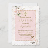 Bevallige Roze Blush Gouden Bloemen Marmer Doop Kaart (Voorkant)