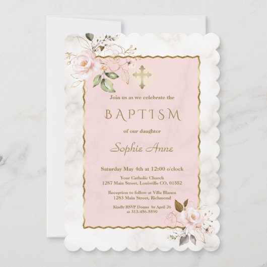 Bevallige Roze Blush Gouden Bloemen Marmer Doop Kaart (Voorkant)